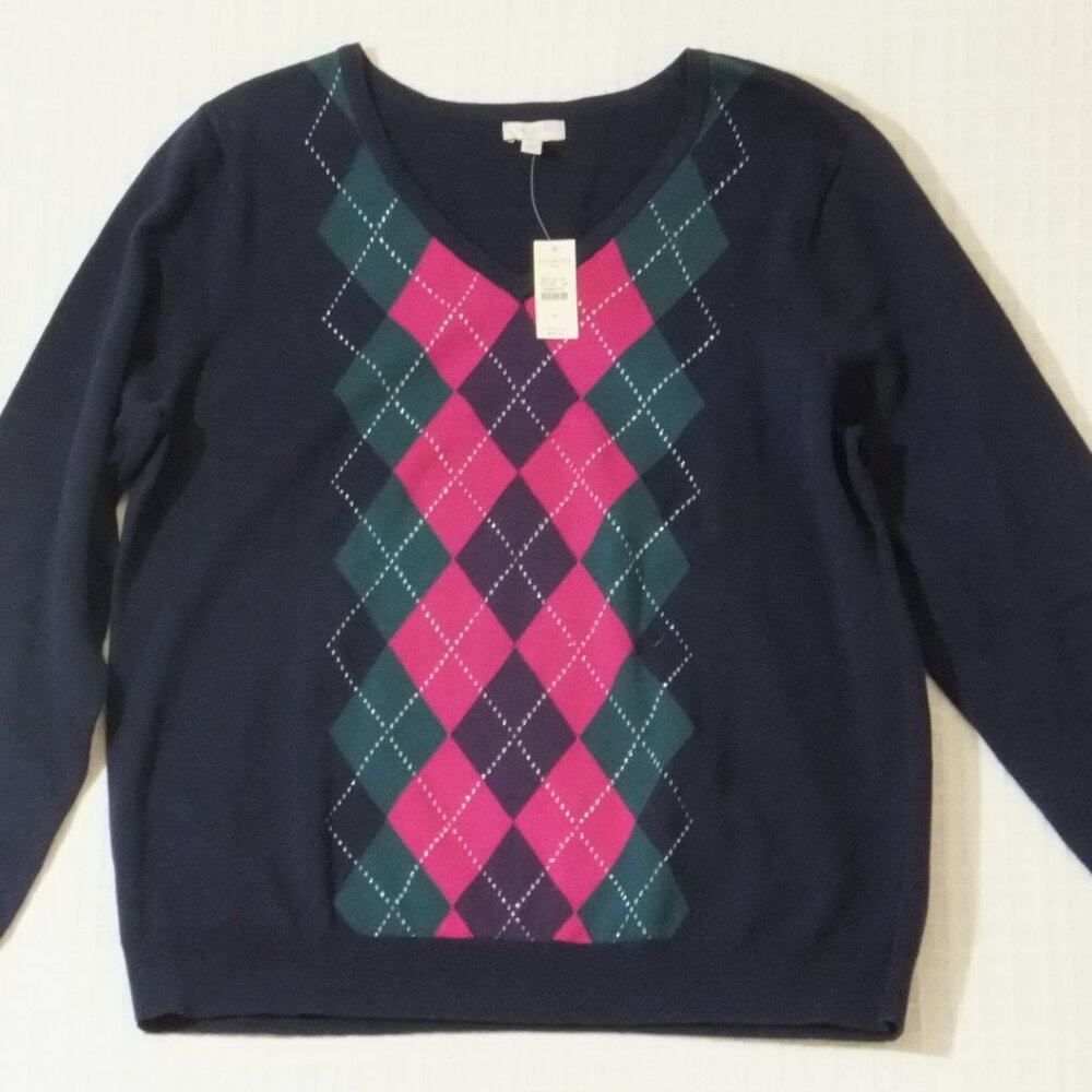 Talbots Sweater Womens XL Argyle NWT V-Neck Cotton Blend Blue Green Pink Silver